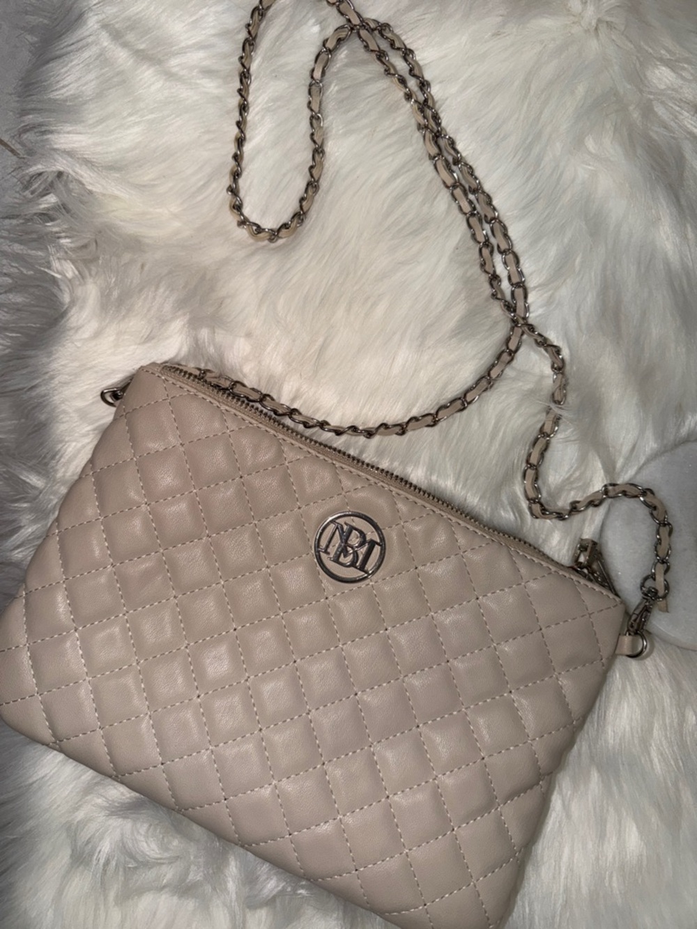 Badgley Mischka Quilted Crossbody in Light Beige with Silver Chain